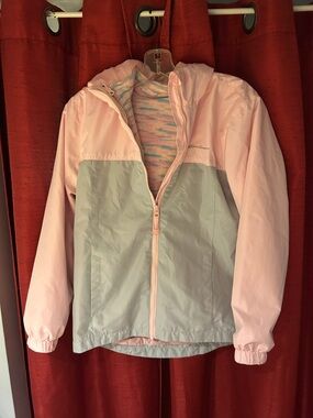Eddie Bauer Pink and Light Gray Girls’ Hooded Rain Jacket